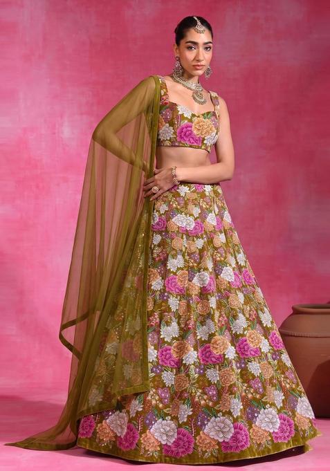 Mustard Printed Crepe Lehenga Set
