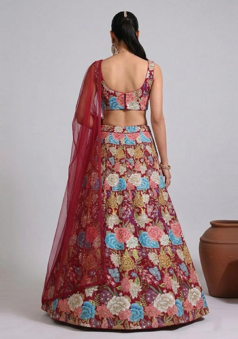 Maroon Printed Crepe Lehenga Set - Indya