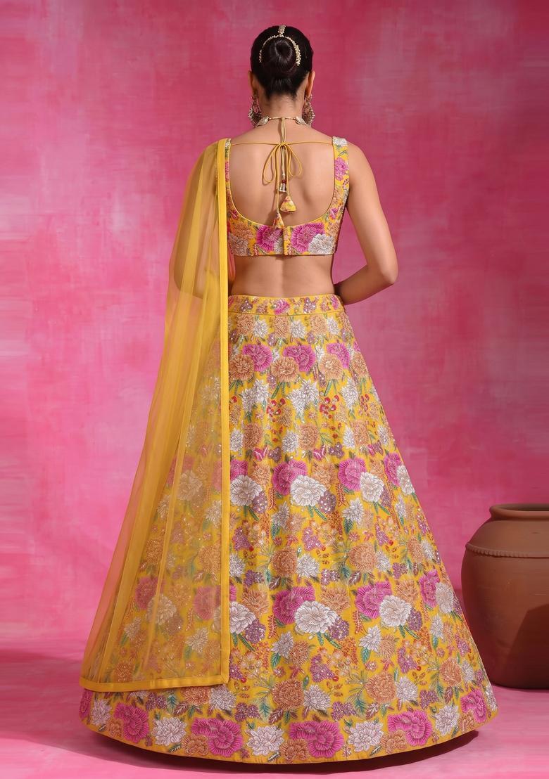 Mustard Printed Crepe Lehenga Set - Indya