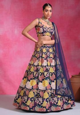 Navy Blue Printed Crepe Lehenga Set