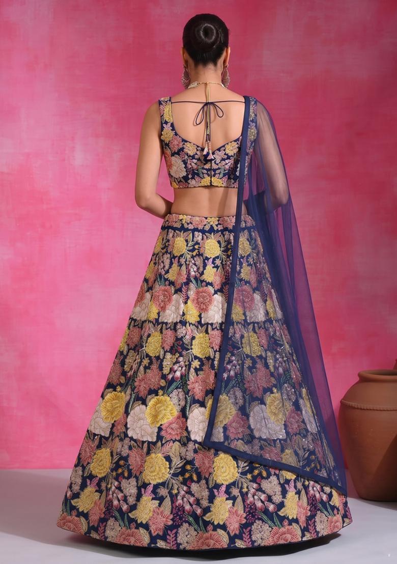 Navy Blue Printed Crepe Lehenga Set - Indya