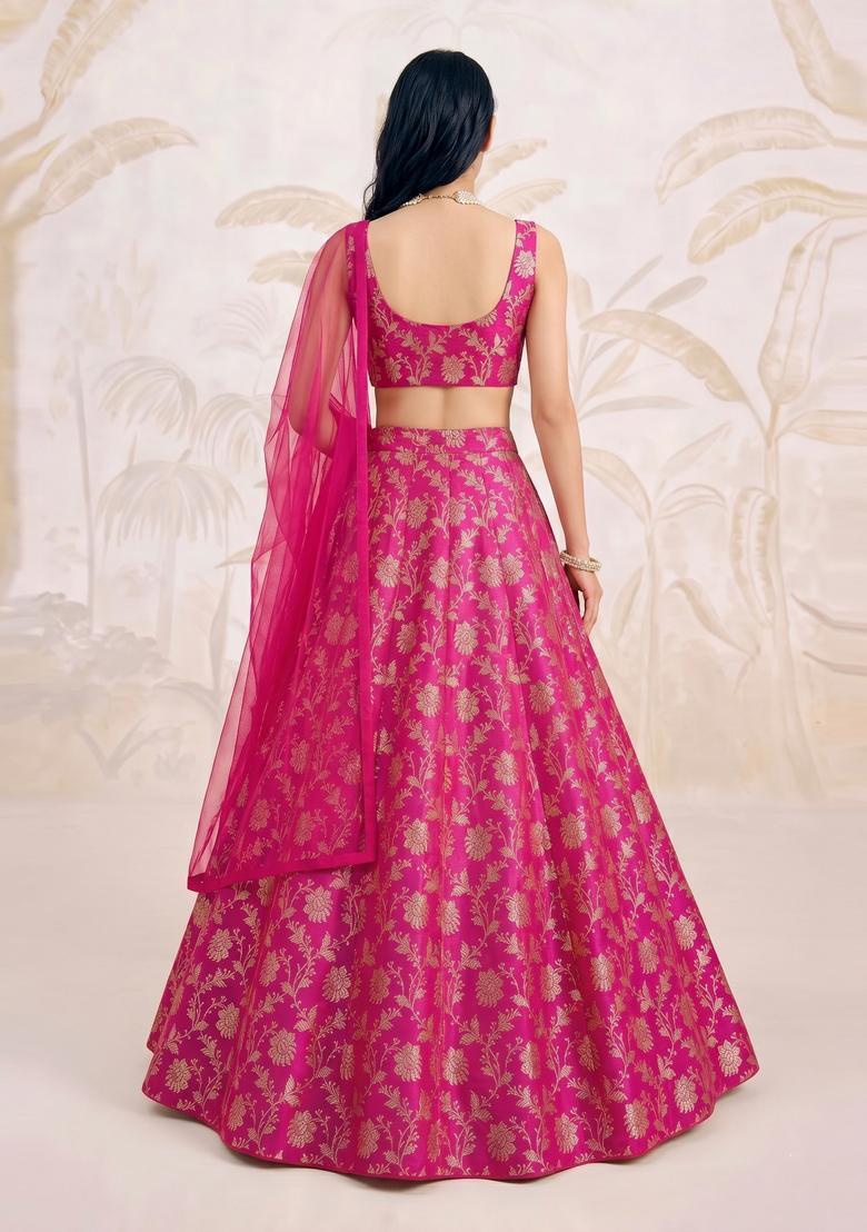Fuchsia Pink Brocade Lehenga Set - Indya