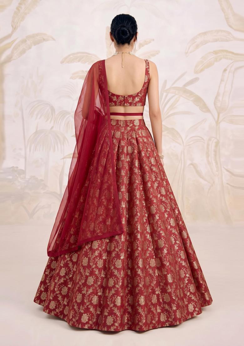Red Brocade Lehenga Set - Indya