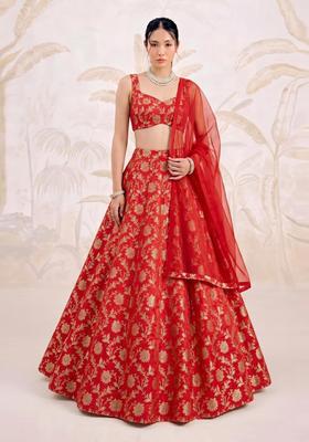 Bright Red Brocade Lehenga Set