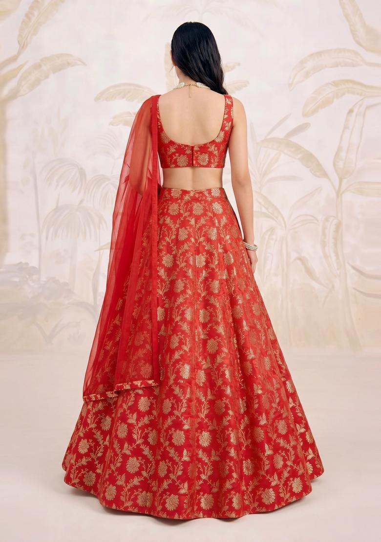 Bright Red Brocade Lehenga Set - Indya