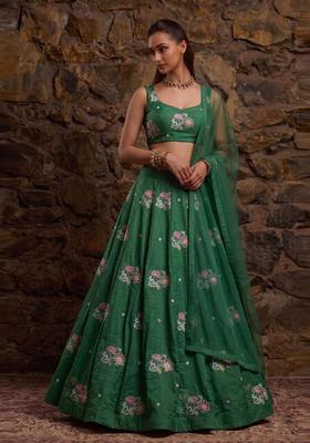 Emerald Green Embroidered Organza Lehenga Set