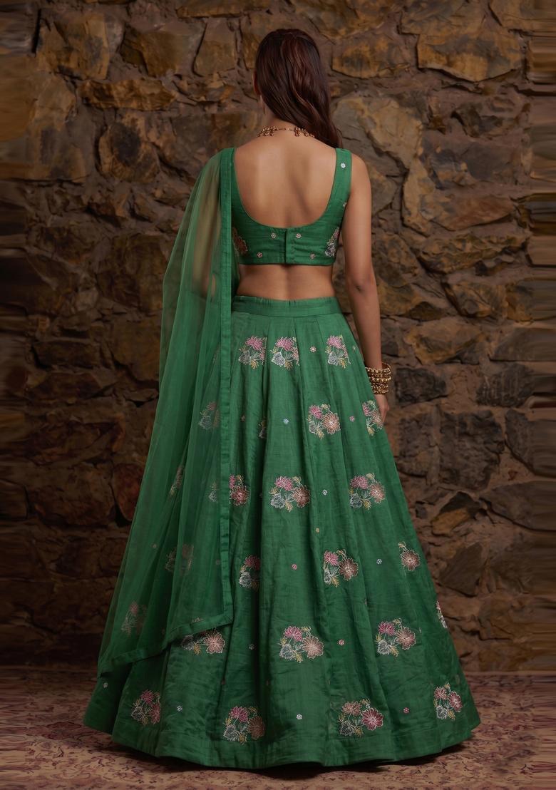 Emerald Green Embroidered Organza Lehenga Set - Indya