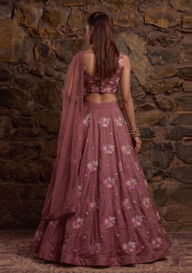 Dusty Mauve Embroidered Organza Lehenga Set - Indya