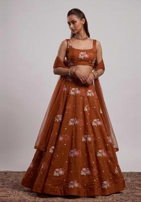 Rust Brown Embroidered Organza Lehenga Set