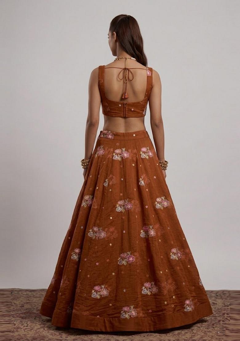 Rust Brown Embroidered Organza Lehenga Set - Indya