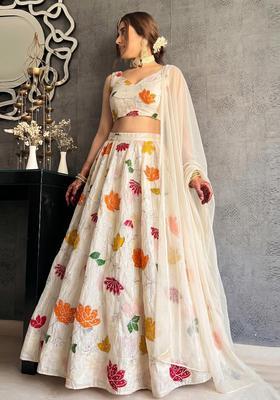 Cream Printed Silk Blend Lehenga Set