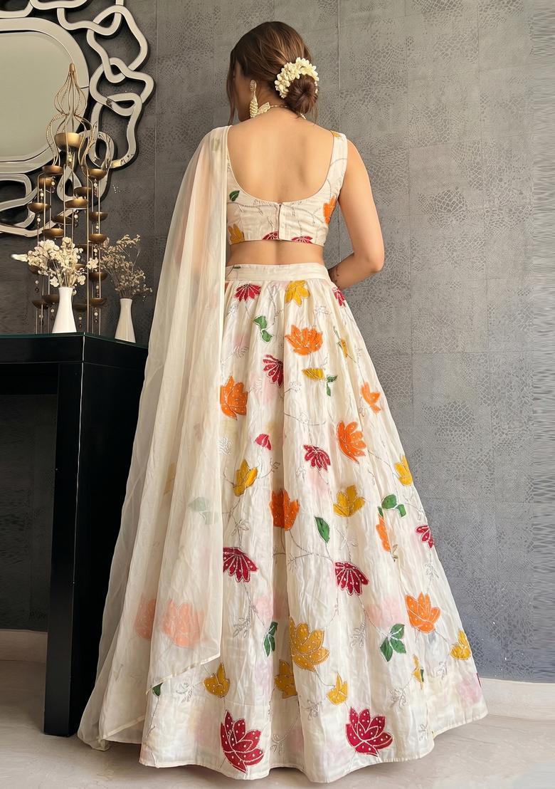 Cream Printed Silk Blend Lehenga Set - Indya