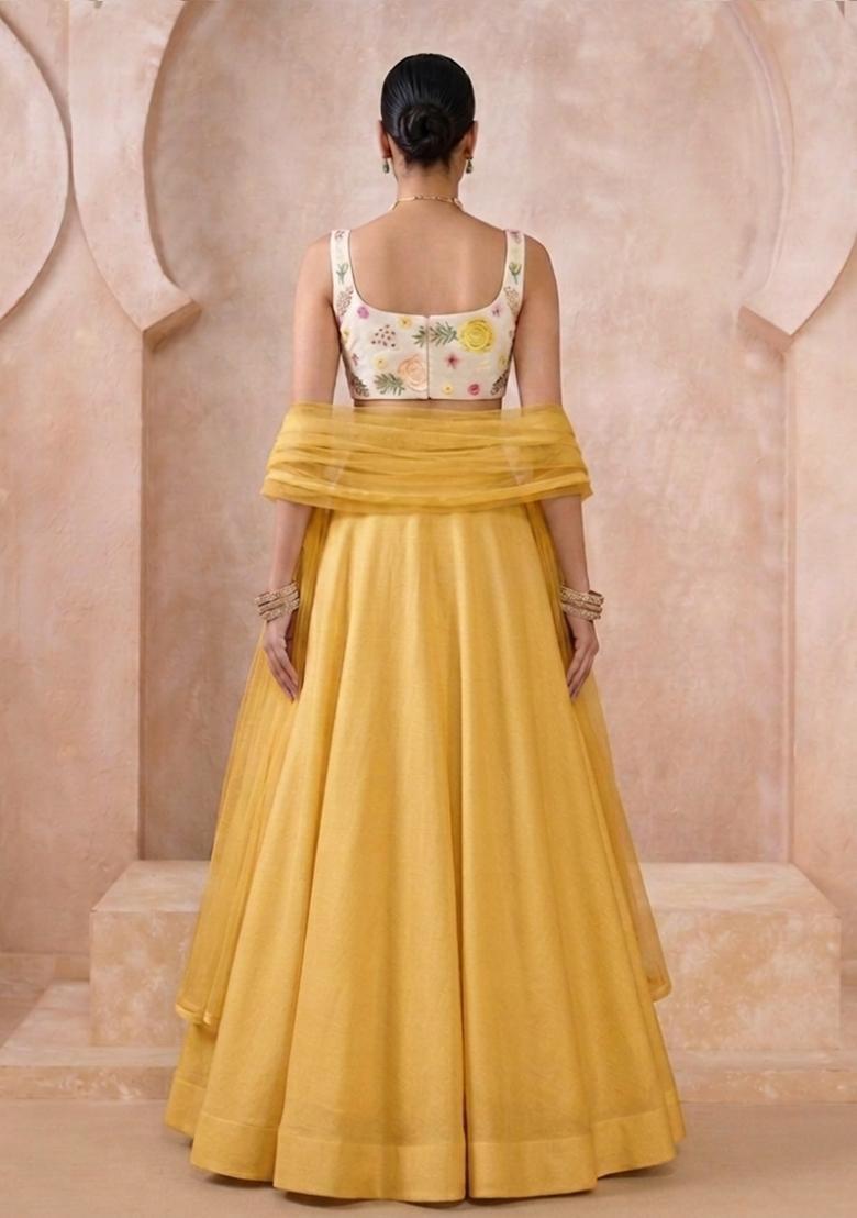 White Embroidered Silk Blend Lehenga Set - Indya