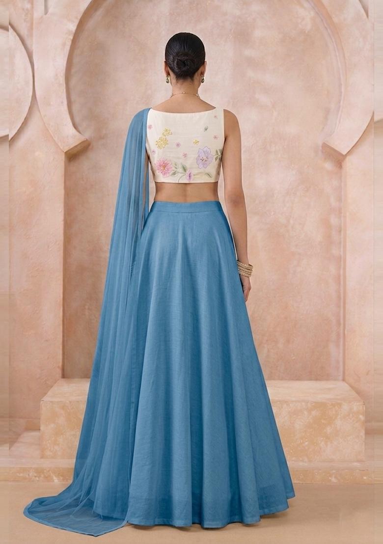 White Embroidered Silk Blend Lehenga Set - Indya