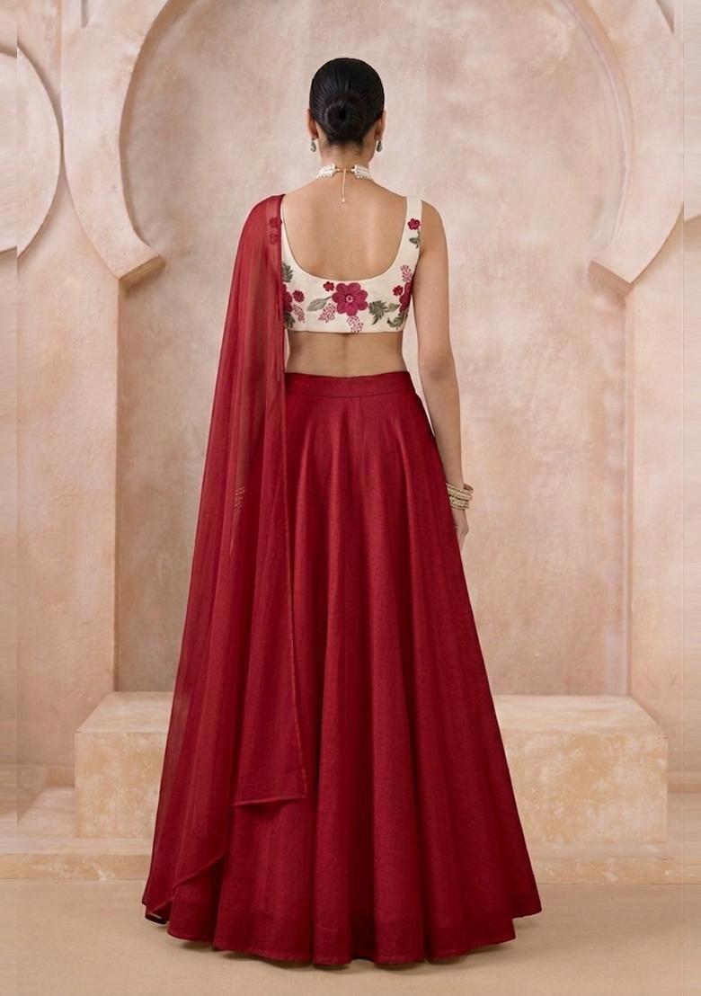 White Embroidered Silk Blend Lehenga Set - Indya
