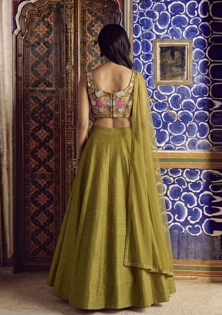 Olive Green Printed Crepe Lehenga Set - Indya