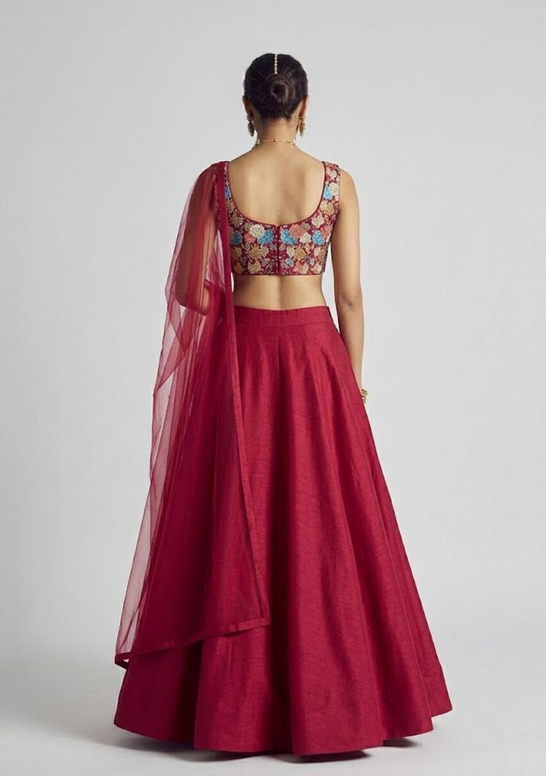 Red Printed Crepe Lehenga Set - Indya