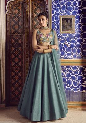 Deep Teal Green Printed Crepe Lehenga Set