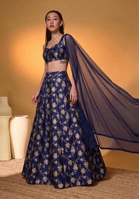 Navy Blue Silk Blend Lehenga Set