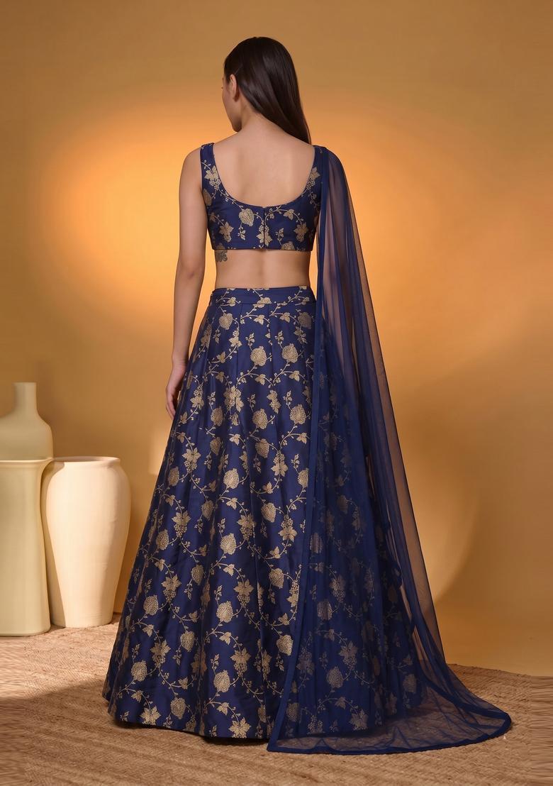 Navy Blue Silk Blend Lehenga Set - Indya