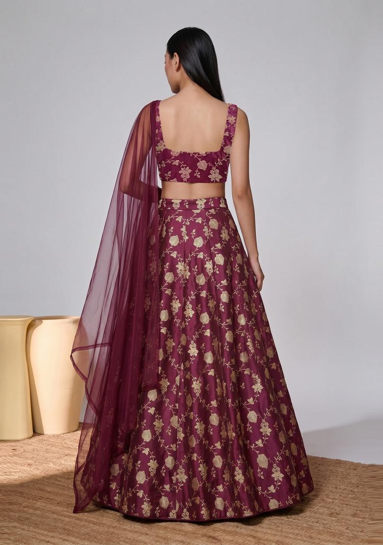 Deep Maroon Silk Blend Lehenga Set - Indya
