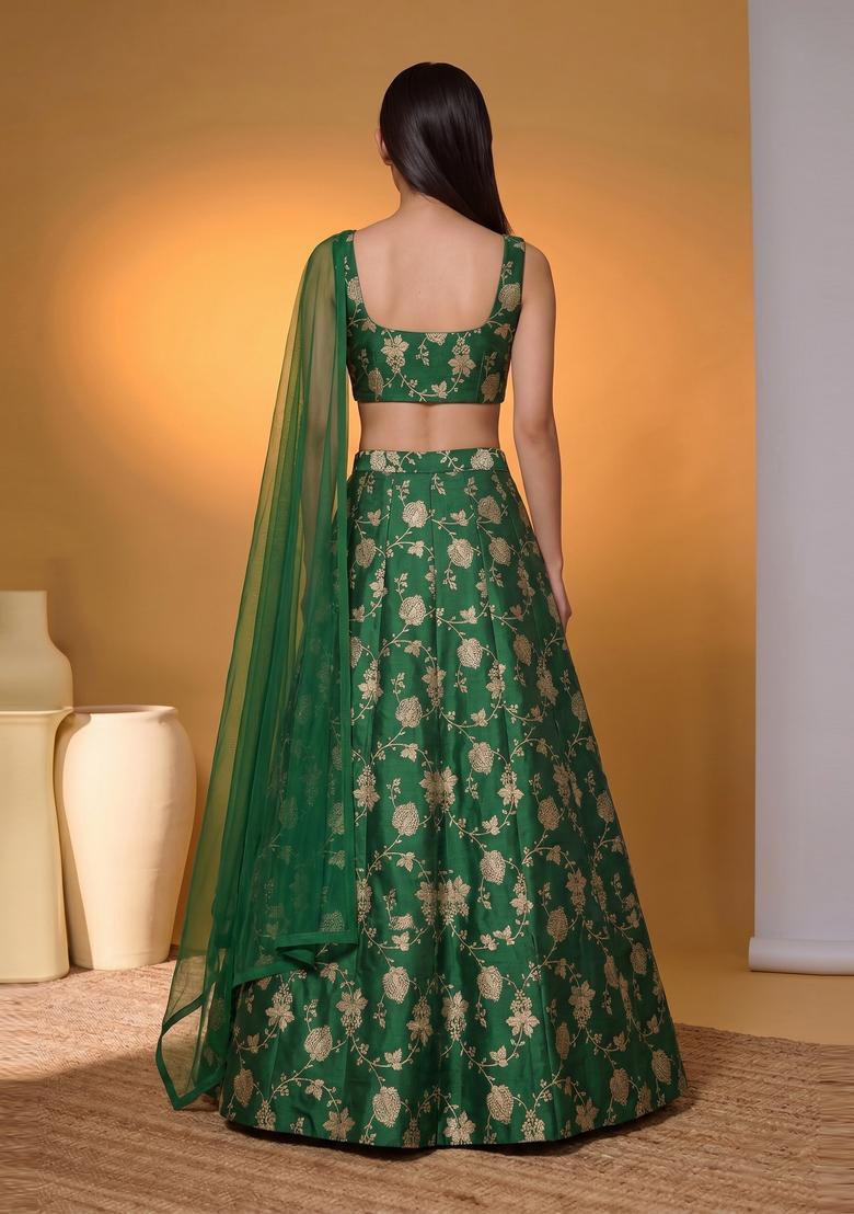 Emerald Green Silk Blend Lehenga Set - Indya