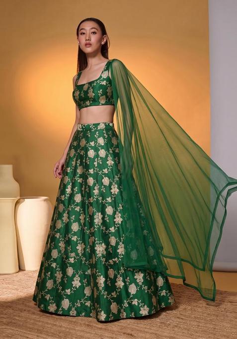 Emerald Green Silk Blend Lehenga Set