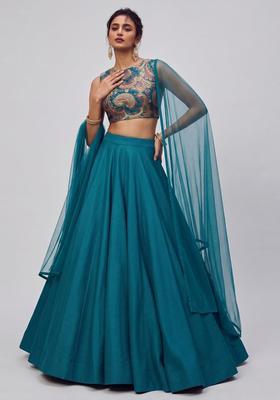 Teal Blue Printed Brocade Lehenga Set