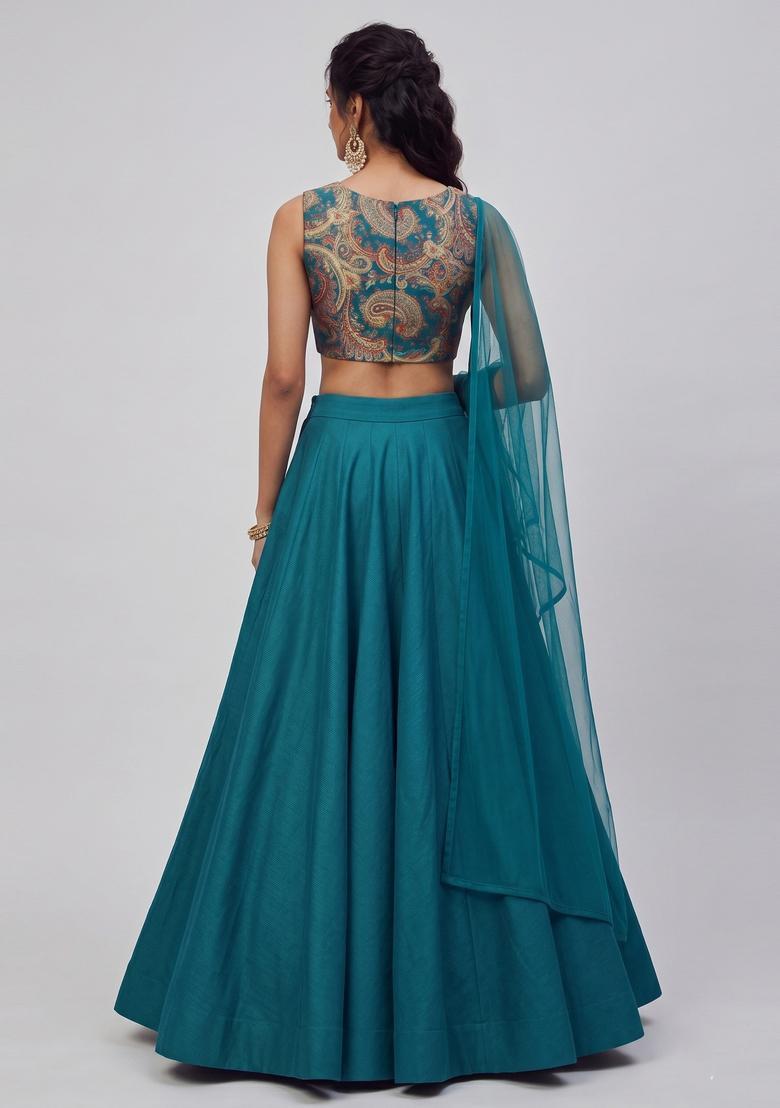 Teal Blue Printed Brocade Lehenga Set - Indya