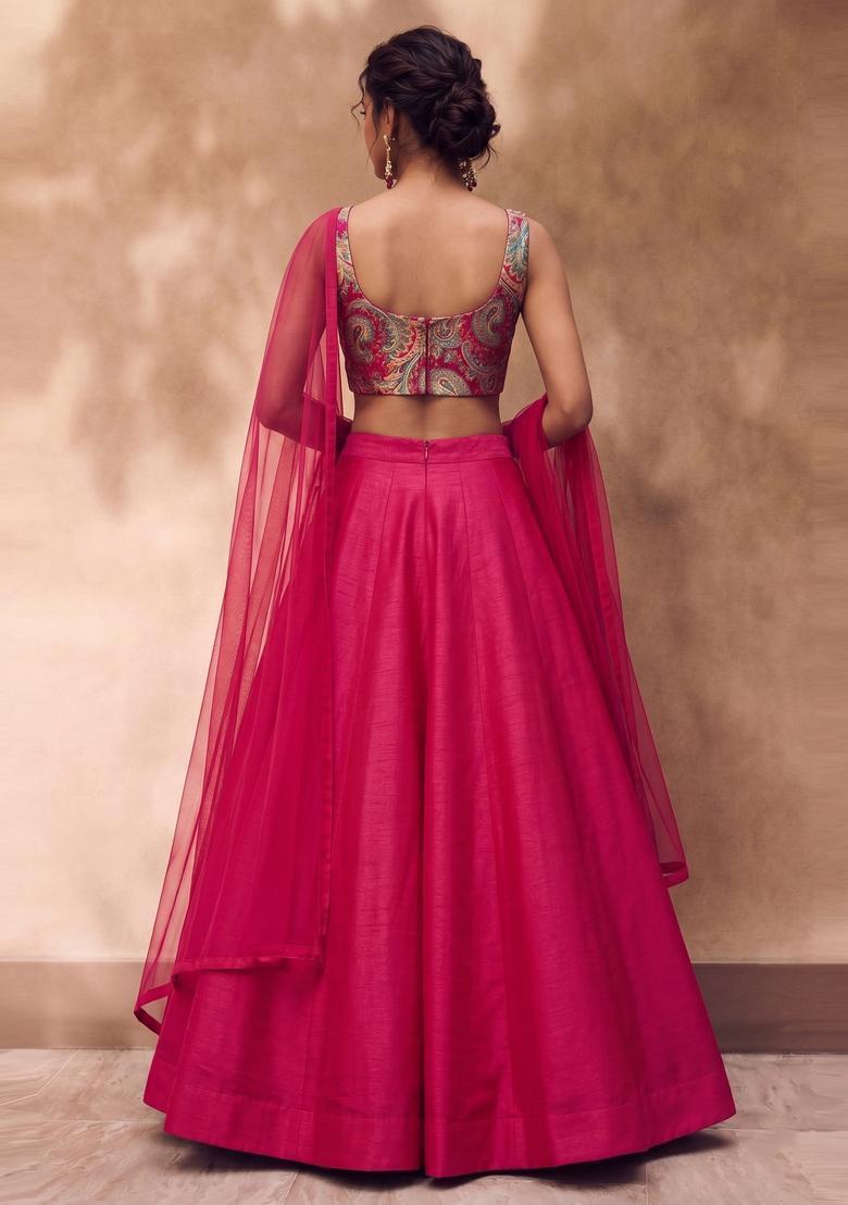 Fuchsia Pink Printed Brocade Lehenga Set - Indya