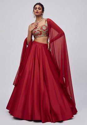 Dark Red Printed Brocade Lehenga Set