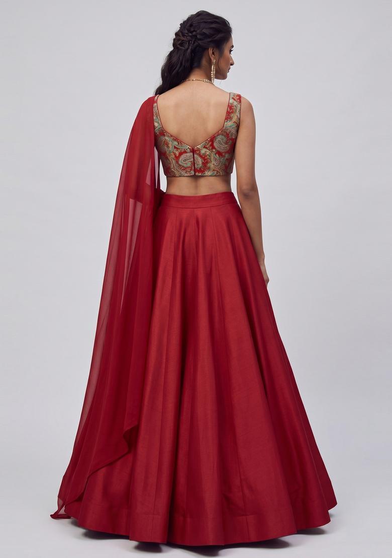 Dark Red Printed Brocade Lehenga Set - Indya