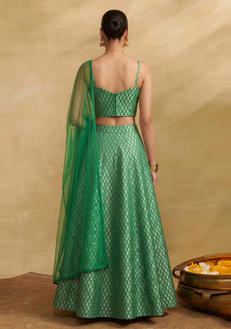 Emerald Green Brocade Lehenga Set - Indya