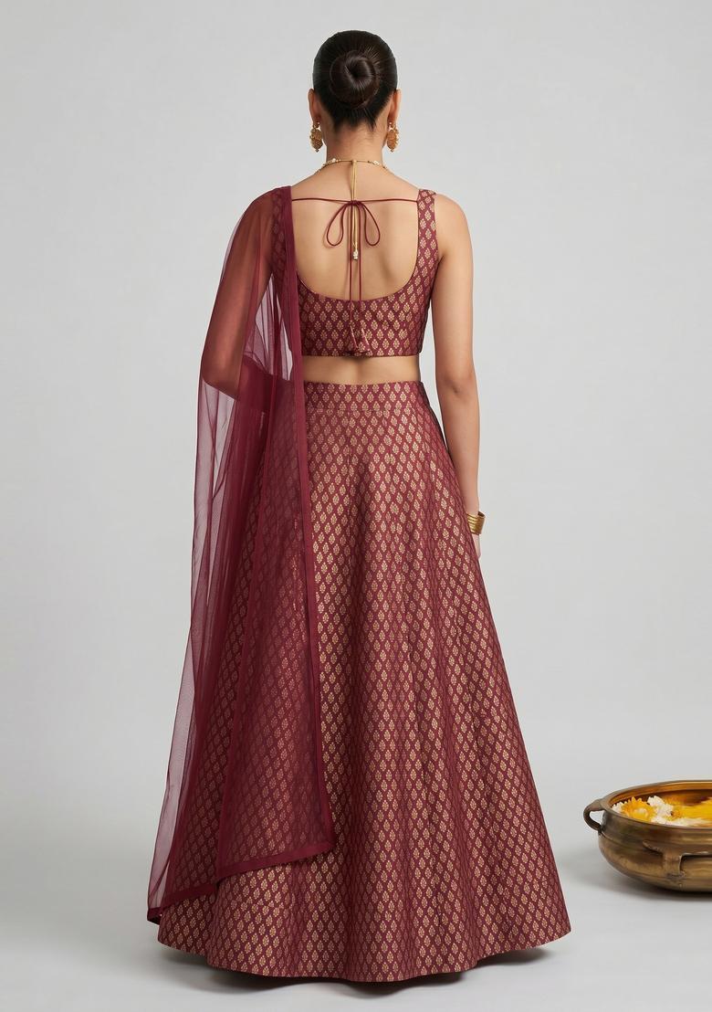 Wine Maroon Brocade Lehenga Set - Indya