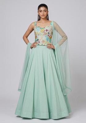 Mint Printed Crepe Lehenga Set