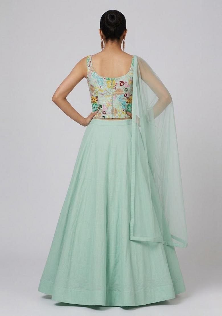 Mint Printed Crepe Lehenga Set - Indya