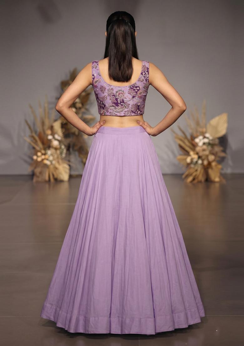Lavender Printed Crepe Lehenga Set - Indya