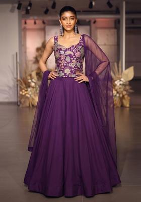 Purple Printed Crepe Lehenga Set