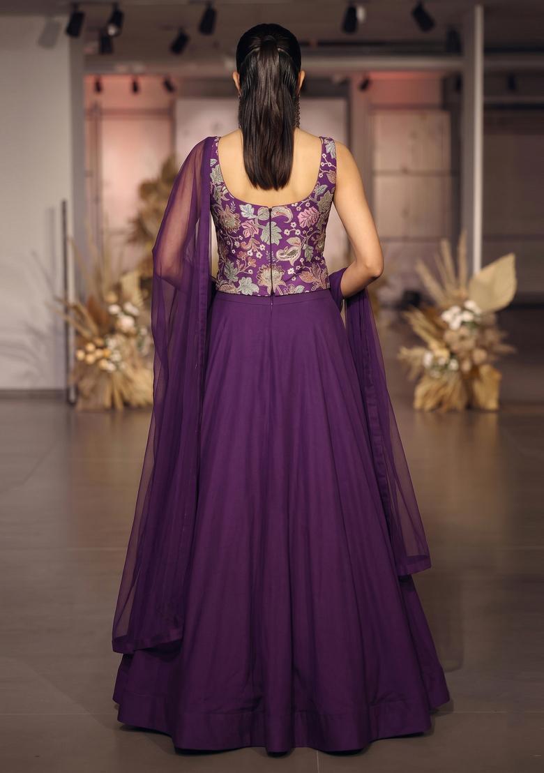 Purple Printed Crepe Lehenga Set - Indya
