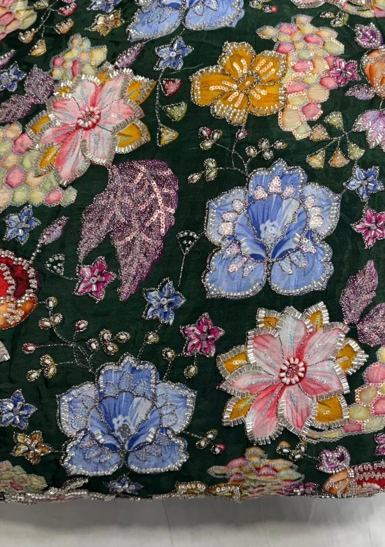 Bottle Green Printed Crepe Lehenga Set - Indya