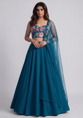 Teal Blue Printed Crepe Lehenga Set