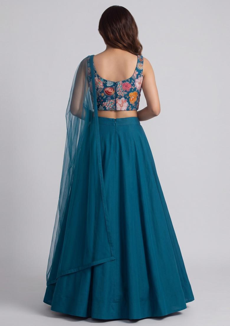 Teal Blue Printed Crepe Lehenga Set - Indya