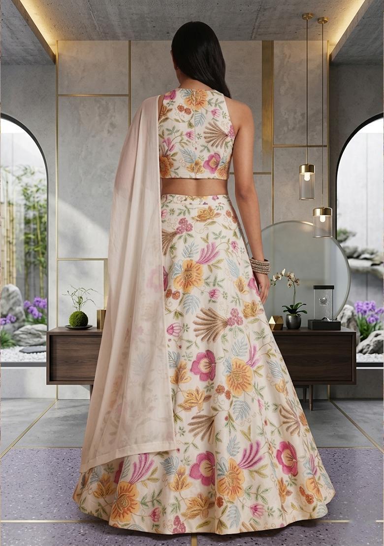 Off White Printed Organza Lehenga Set - Indya