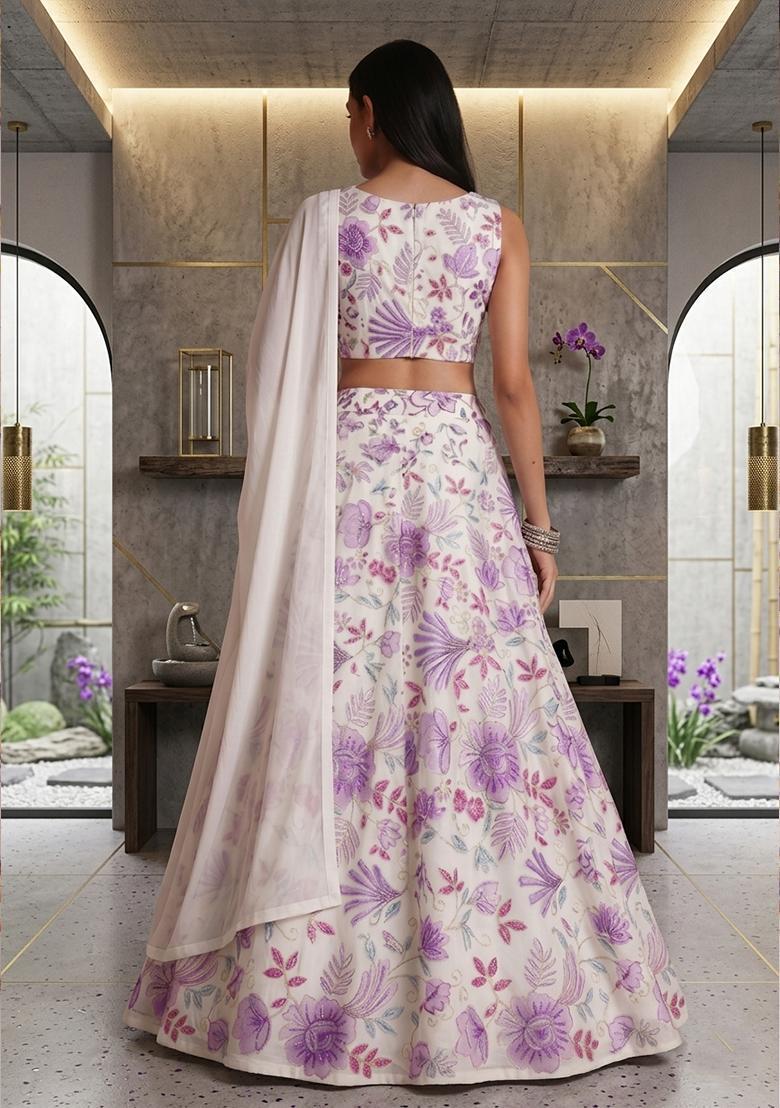 White Printed Organza Lehenga Set - Indya