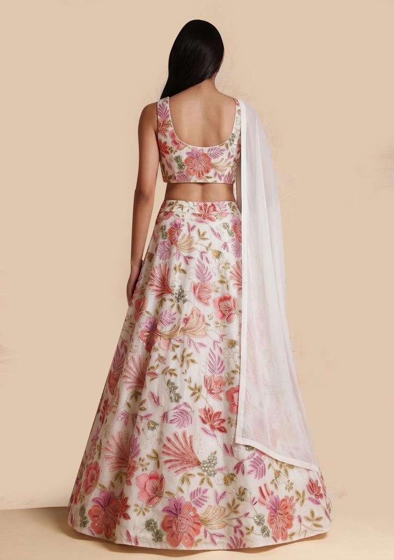Ivory Printed Organza Lehenga Set - Indya