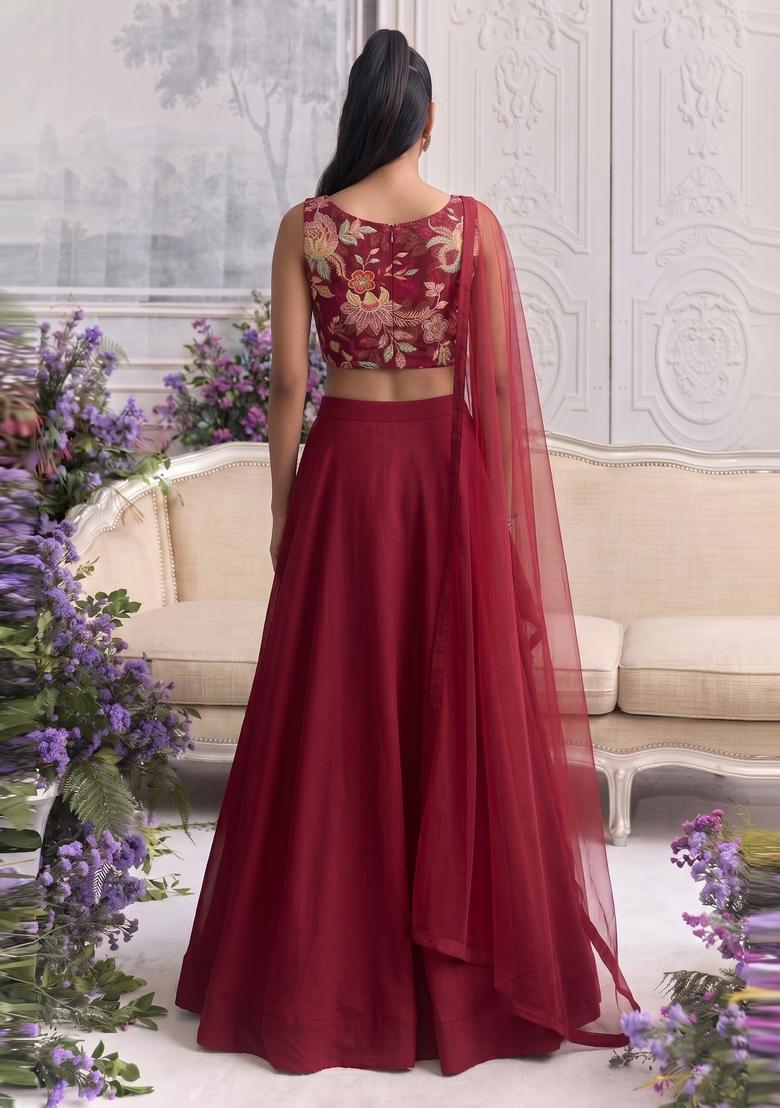 Red Embroidered Organza Lehenga Set - Indya