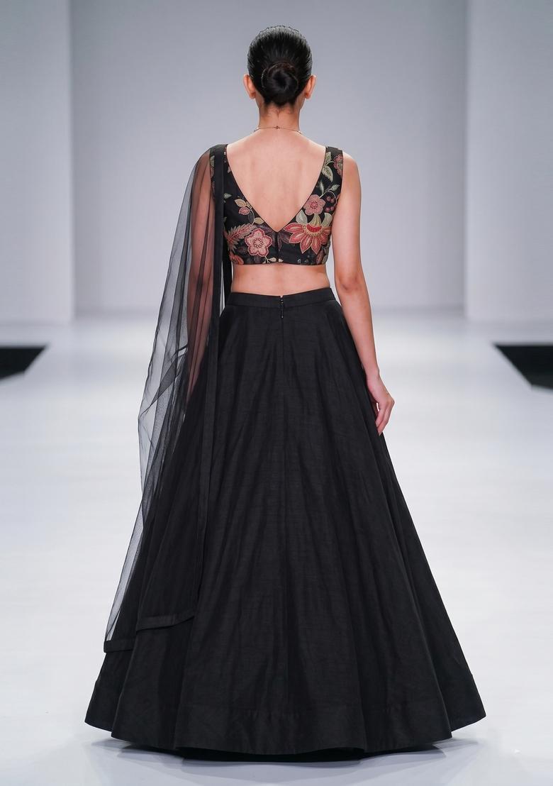 Black Embroidered Organza Lehenga Set - Indya