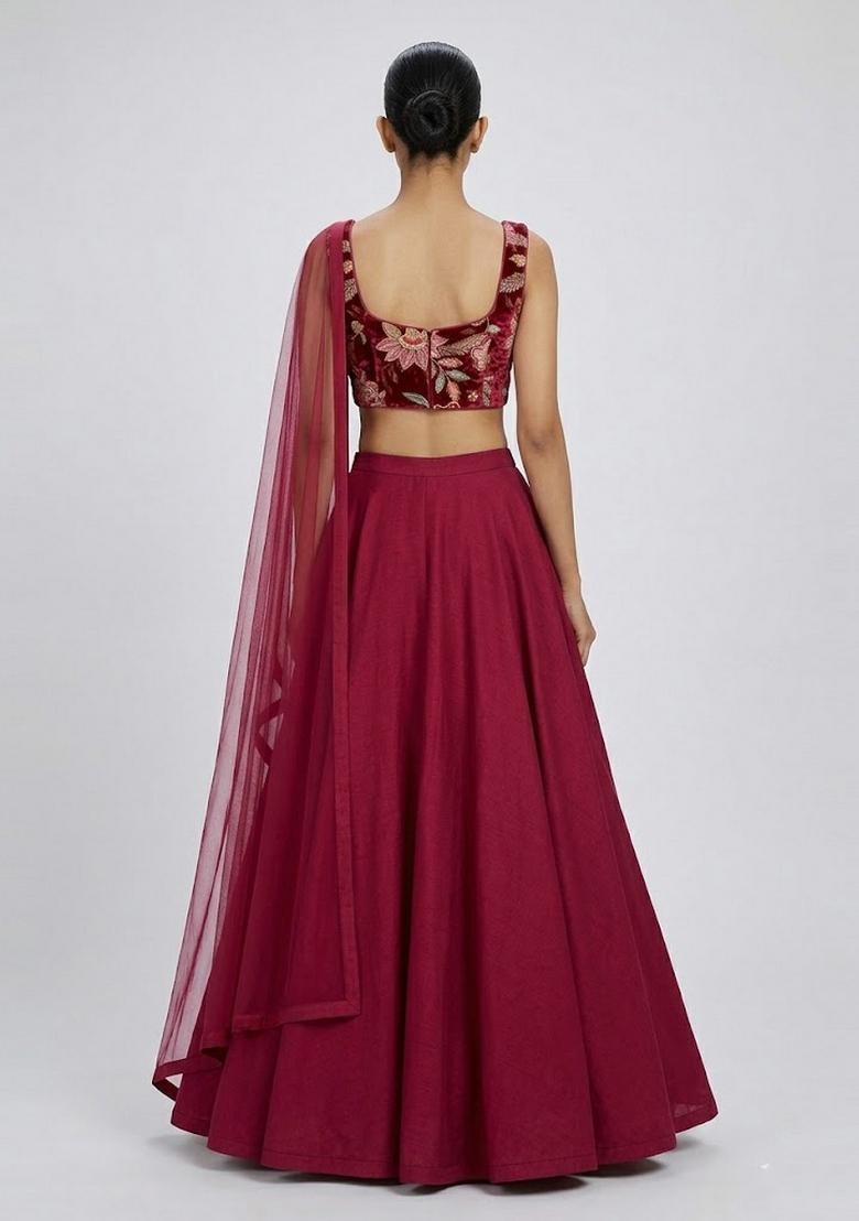 Red Embroidered Organza Lehenga Set - Indya