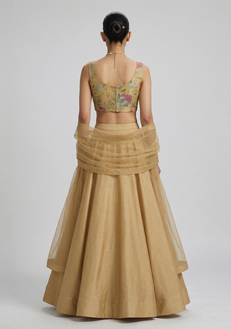 Beige Embroidered Organza Lehenga Set - Indya