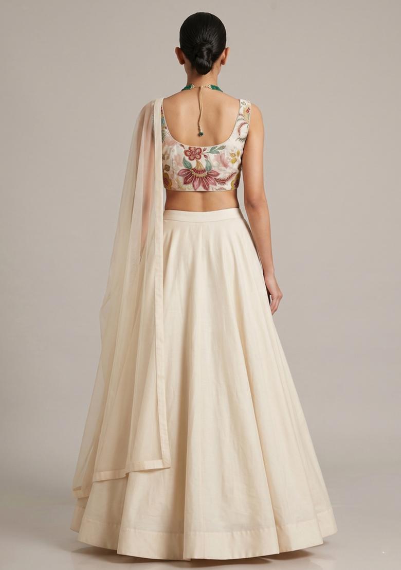 Off White Embroidered Organza Lehenga Set - Indya